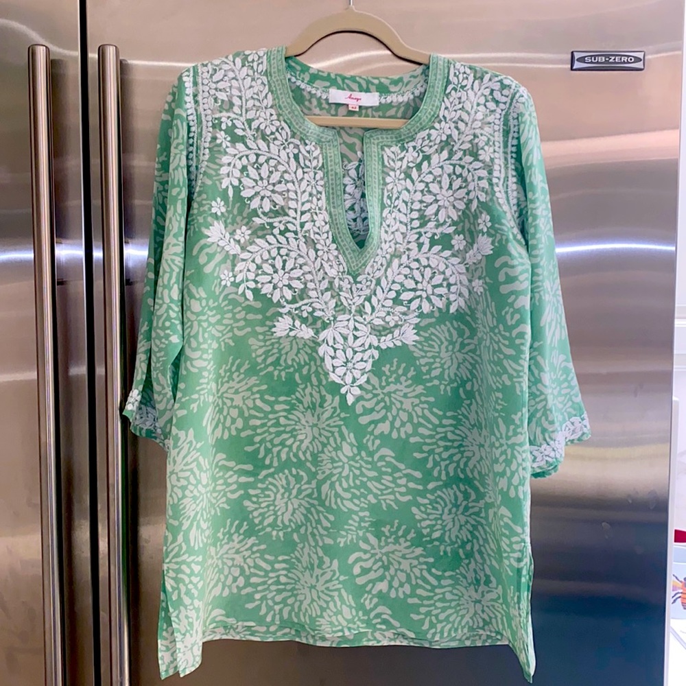 AMAYA  100% SILK TUNIC IN SAGE GREEN with hand-made embroidery boho